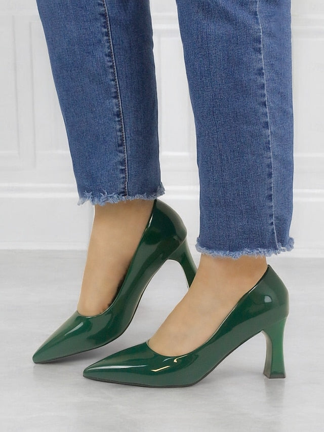 Faux Green Heel Leather Pointed-Toe Patent Block Glossy Pumps