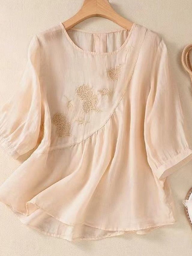 Women's Shirt Cotton Linen Shirts Blouse Solid Color Basic