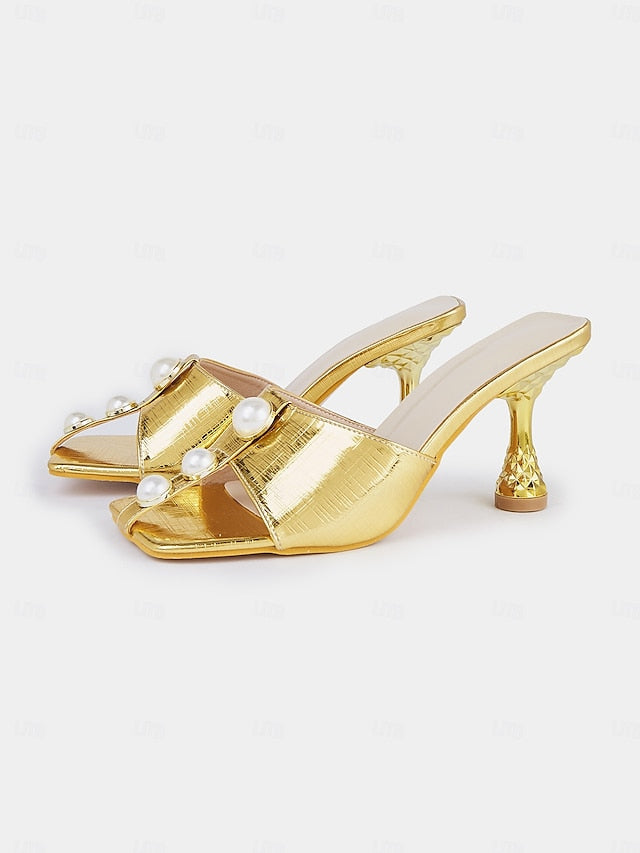 Open-Toe Pearl Women – for Gold Mules Detailing Elegant with