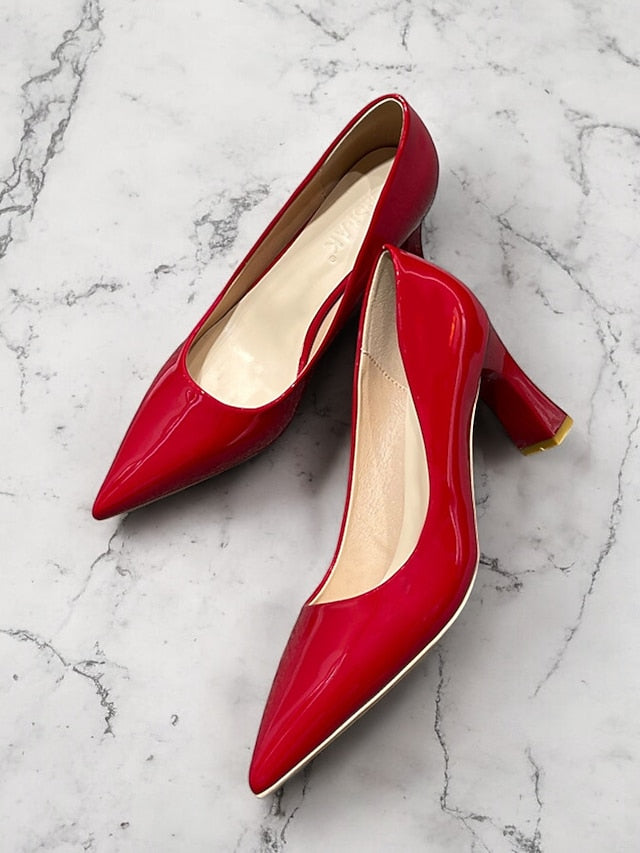 Faux Green Heel Leather Pointed-Toe Patent Block Glossy Pumps