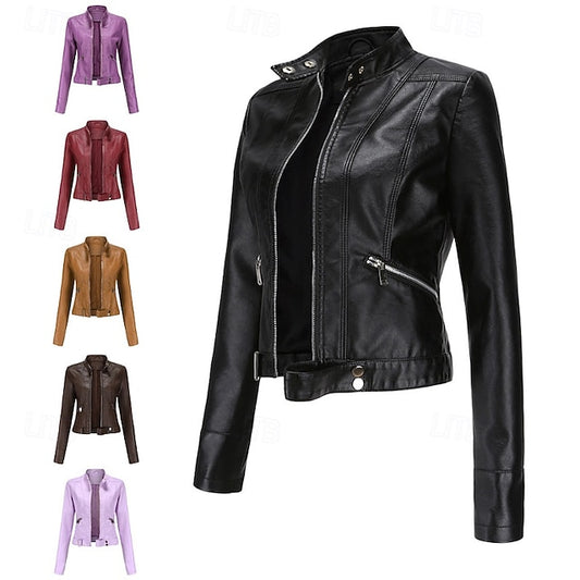 Jacket Zipper Pocket Leather Comfortable Faux Women's