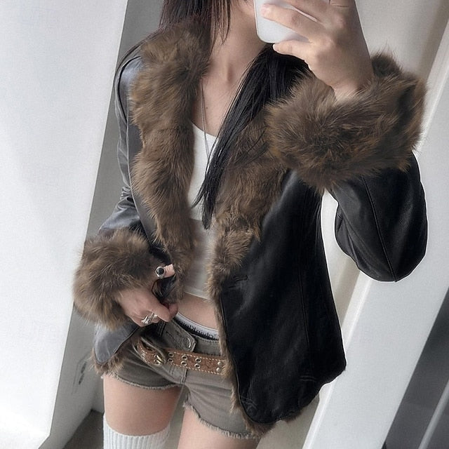 Buttons Women's Collar Fur Jacket Warm Casual Comfortable