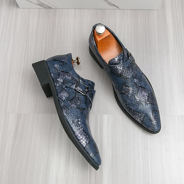 – Men Monk Classic Shoes Brown Strap Snake Print for Formal