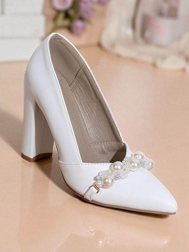 Block Decor Women's Pumps Heel Pearl White