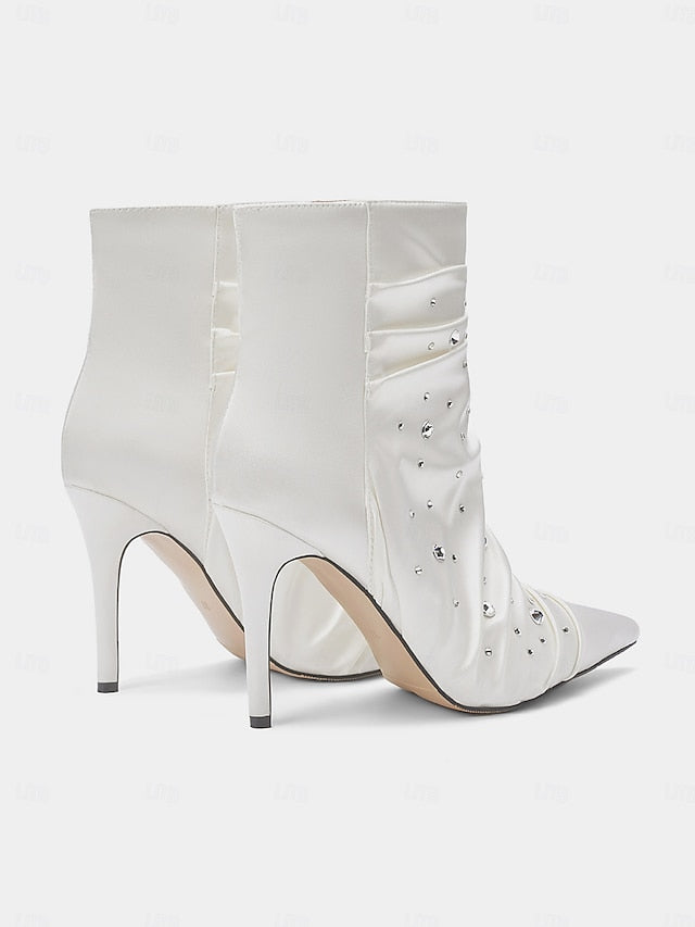with Satin Women's White Rhinestone Ankle Boots