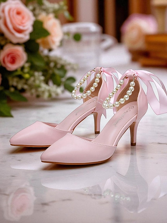 Ankle Bow Heel Pearl Women's Pumps Strap - Blue Kitten with