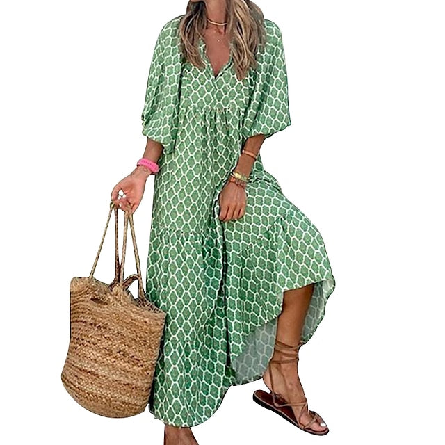 Women's Long Dress Boho Chic Dress Green 3/4 Length Sleeve