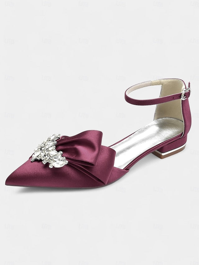 Rhinestone Pointed-Toe Heels Satin with Ankle White Bow and