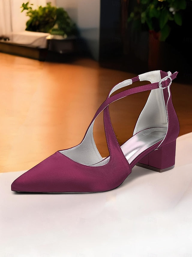 Elegant Ivory Heels Satin Block Pointed Women's Toe -