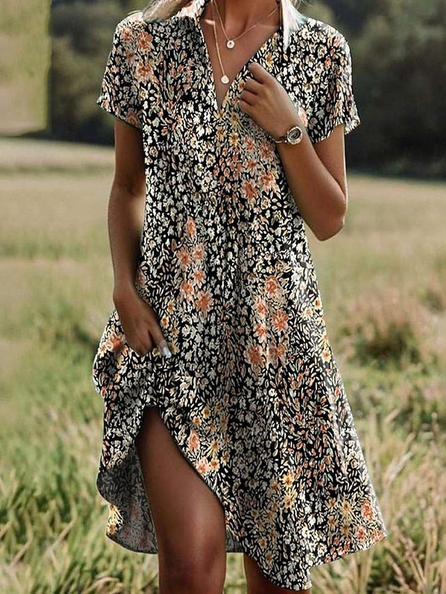 Women's Ditsy Floral Lapel Long Dress Maxi Dress Short