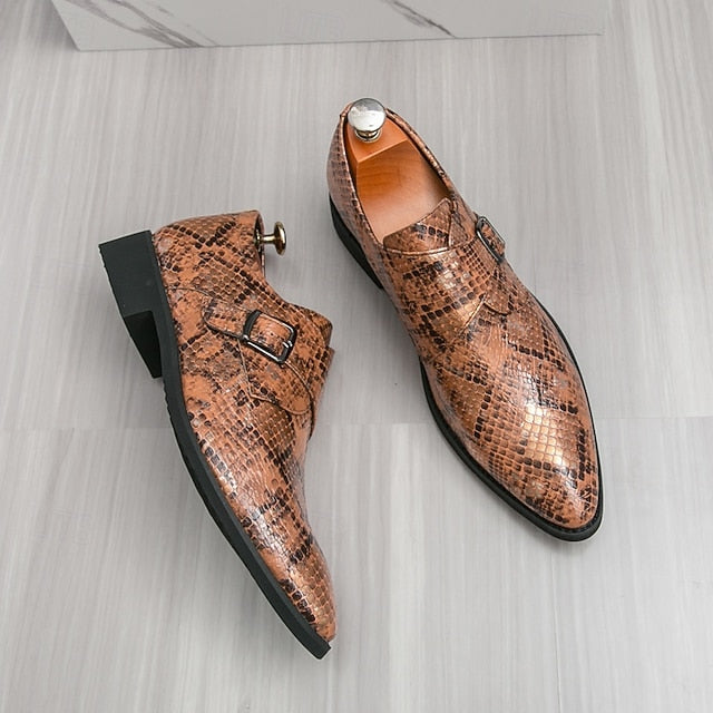 – Men Monk Classic Shoes Brown Strap Snake Print for Formal