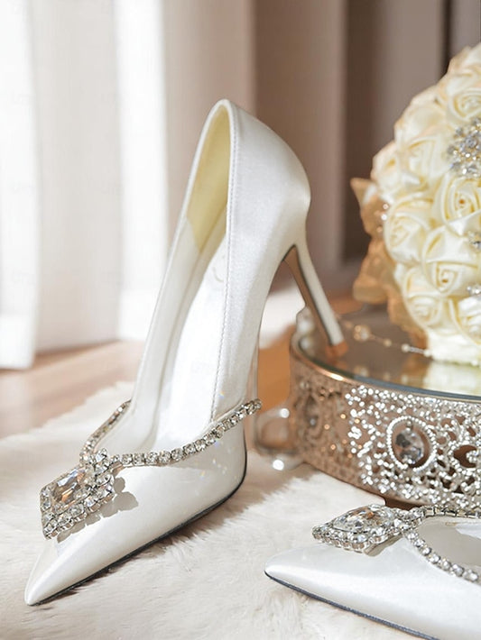 Satin with Heels Crystal Wedding Toe Women's Pointed White