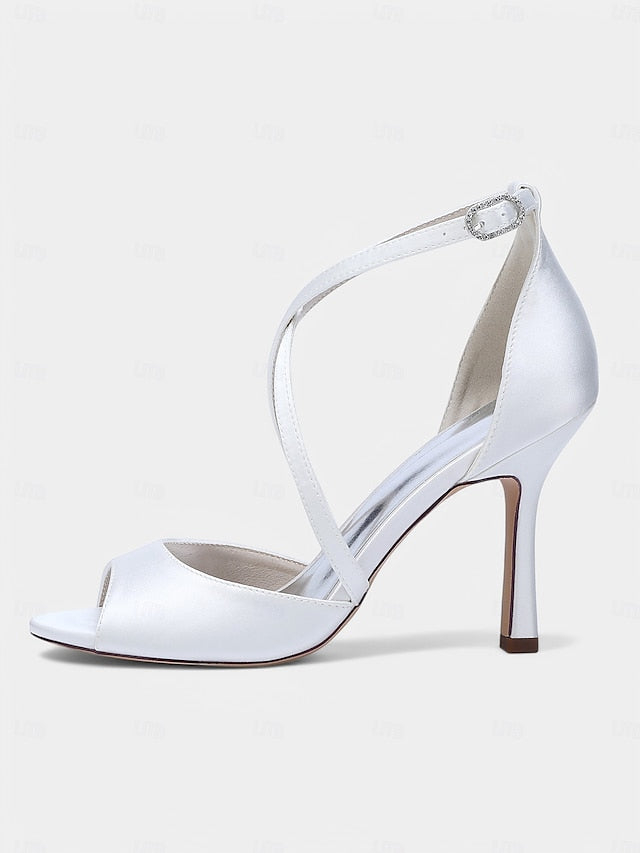Satin Peep-Toe Heels – White Women's Cross-Strap Elegant