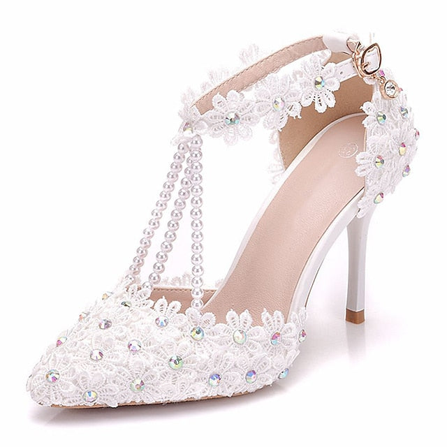 Wedding Heel Women's Pointed High Lace Bridal Shoes