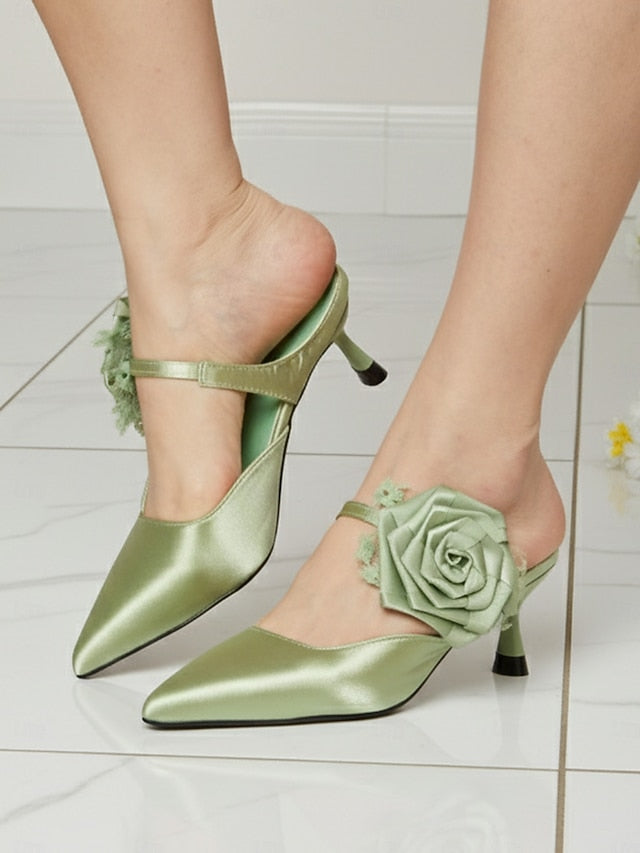 with Floral Heels Women's Toe Satin Pointed Green Ankle