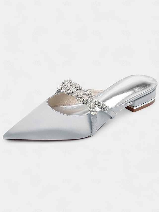 Heels Pointed-Toe Mule - Blue with Satin Detailing Rhinestone