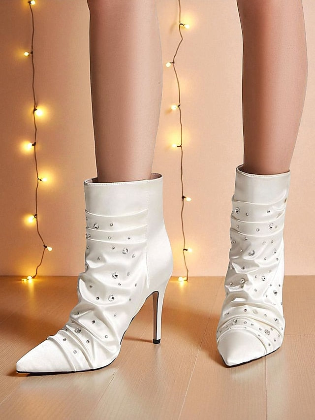with Satin Women's White Rhinestone Ankle Boots