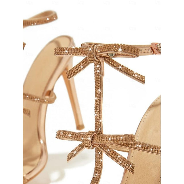 – Knot Stiletto Strappy Sandals Sparkly Gold Bow Women's