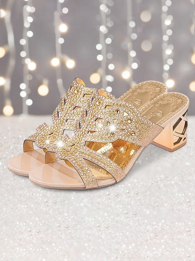 - Rhinestone and Heeled Embellished Sandals Gold Green