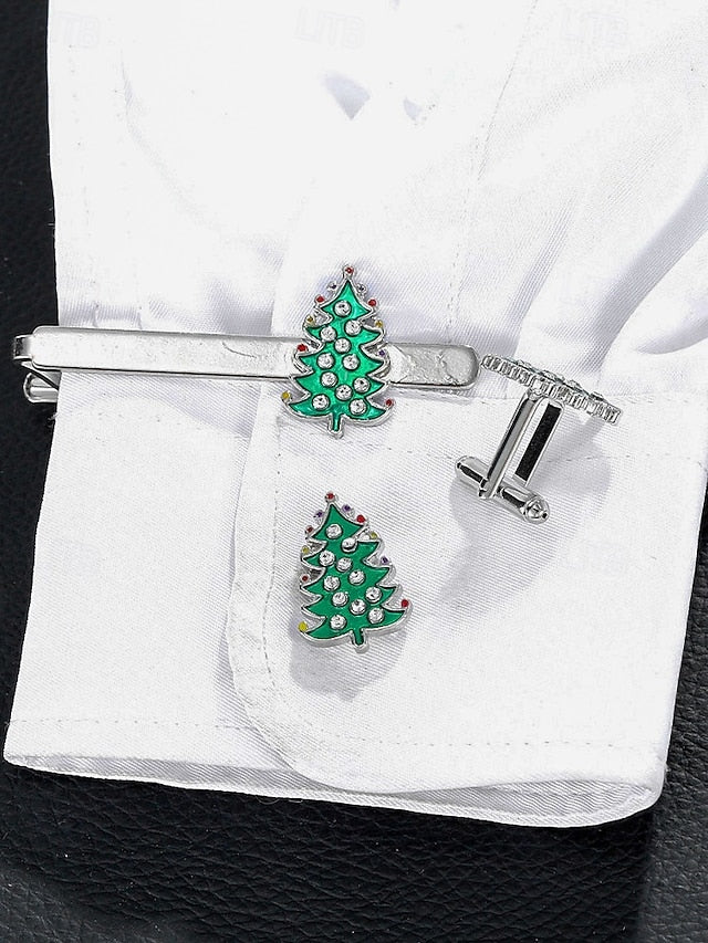 Set Men's - Festive Christmas Clip Cufflinks Tie Tree and