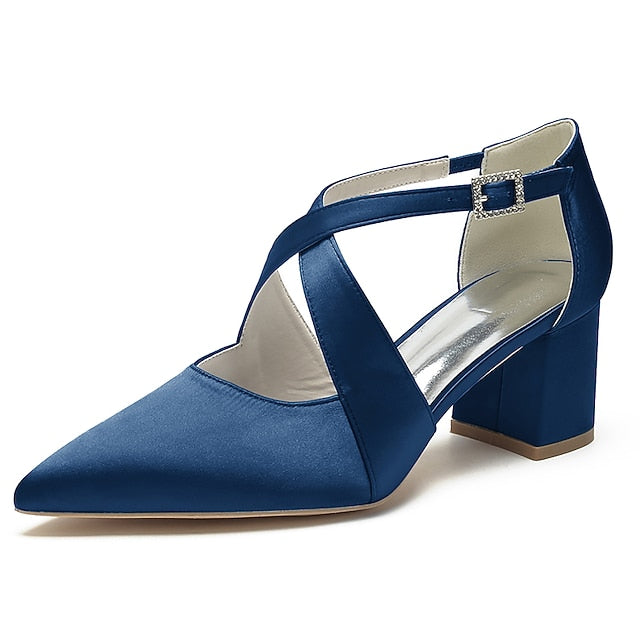 Heels Elegant Women's Pointed – White Toe Block Satin