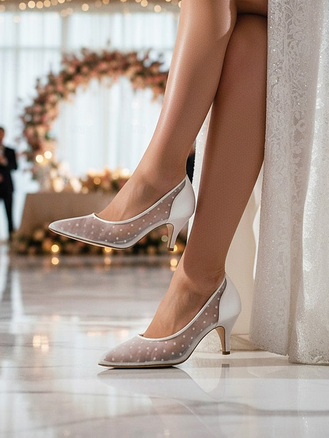 Women's Shoes White Wedding Mesh with and Polka Low Dot
