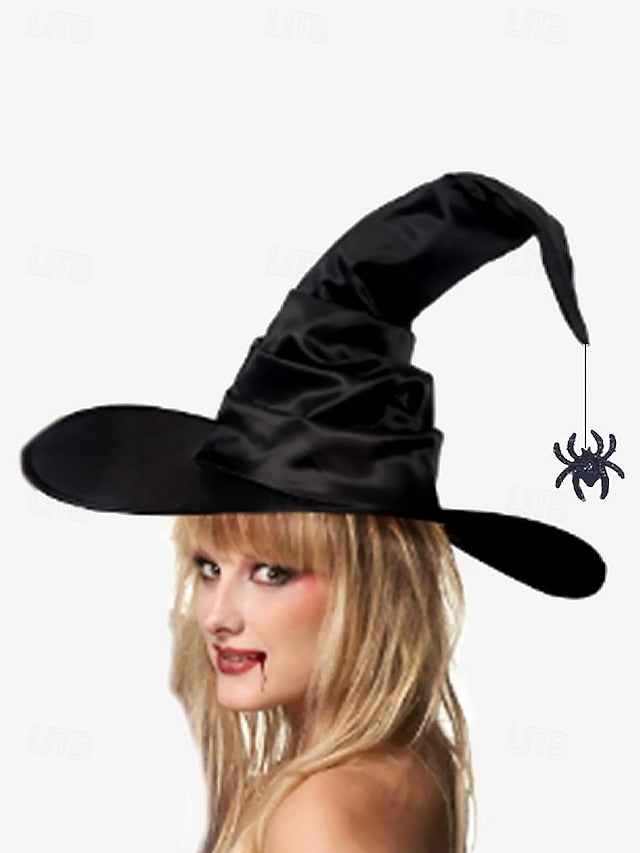 Women's Black Witch Hat with Wide Brim and Pointed Top,