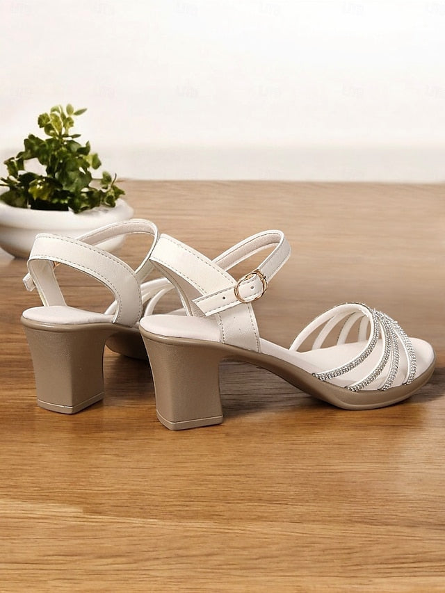 Strappy Sandals Heel Comfortable - Rhinestones Block Black with