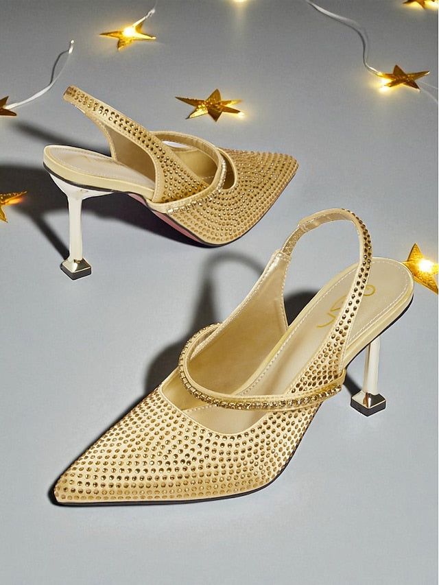Women's Sparkly Gold Rhinestone - Toe Heels Pointed