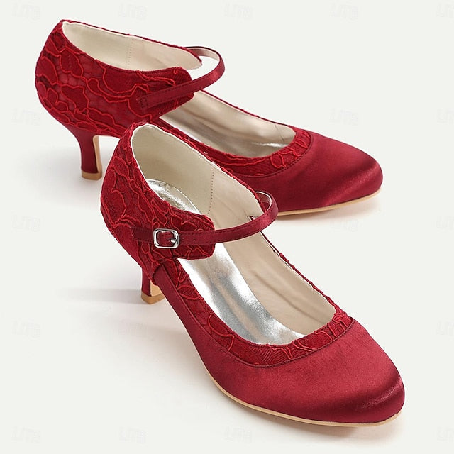 Women's Heels Lace Comfortable Mid-Heel - Satin Elegant Red