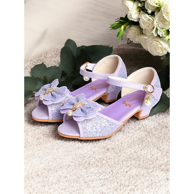 Girls' Pearl Accent Glitter with Purple Sandals Bow