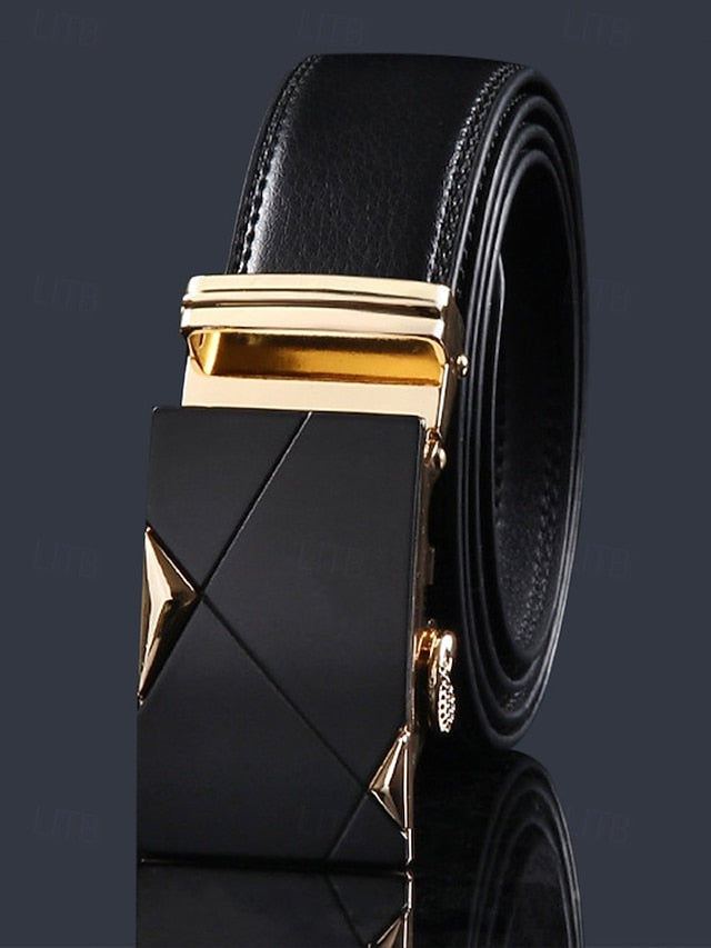 Men's Belt with Leather Adjustable Black Elegant Metal