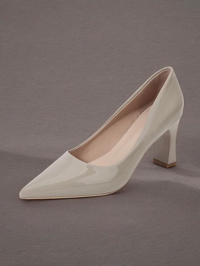 Faux Green Heel Leather Pointed-Toe Patent Block Glossy Pumps