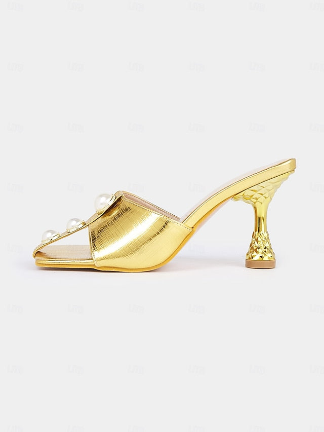 Open-Toe Pearl Women – for Gold Mules Detailing Elegant with