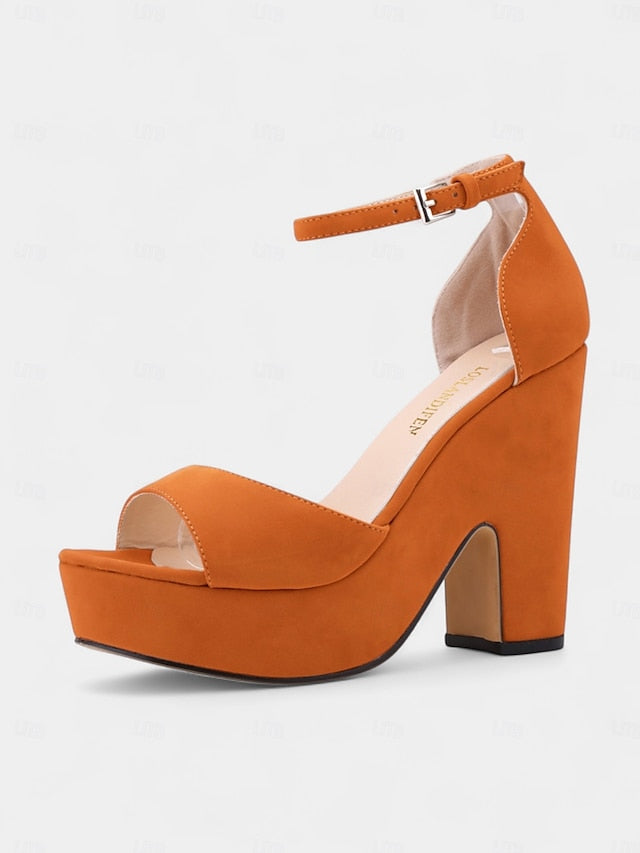 Platform Heel Block Nude Chunky Women's Sandals - Suede