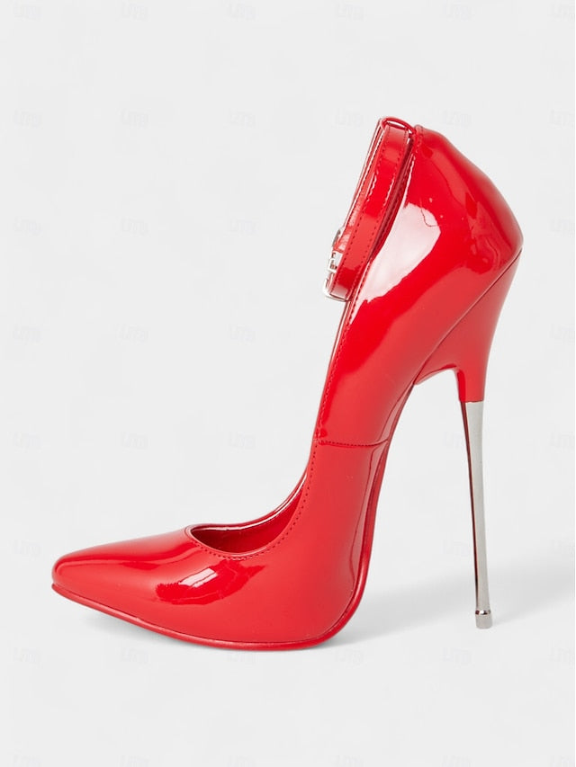 Heels Patent Leather Stiletto Ankle Women's with Red Strap
