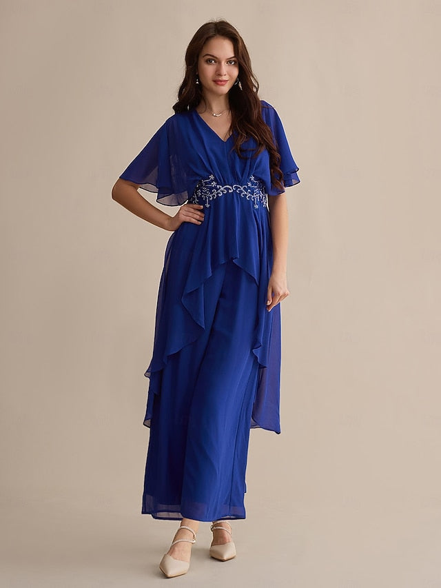 Chiffon Blue Cuff Guest Embroidered Flare Sequin Wedding Royal