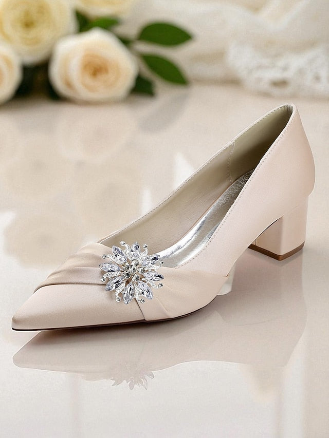 Crystal Block White Pumps Low with Women's Heel