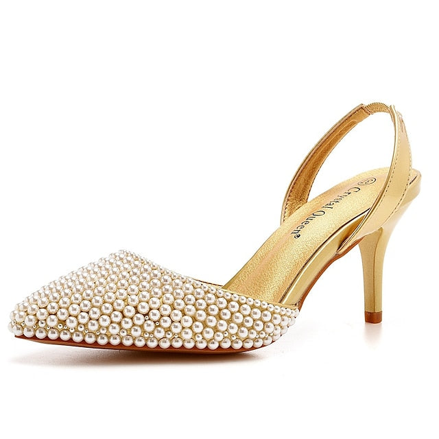 – Heels Pearl Slingback Embellishments White Women's with