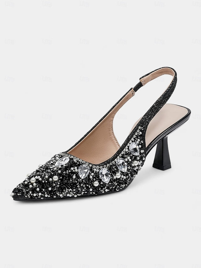 Pearl Rhinestone Women's Slingback with Heels Gold