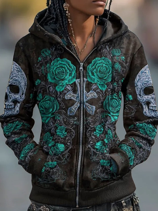 Women's Zip Up Hoodies Skulls Graphic Rose Fashion Casual