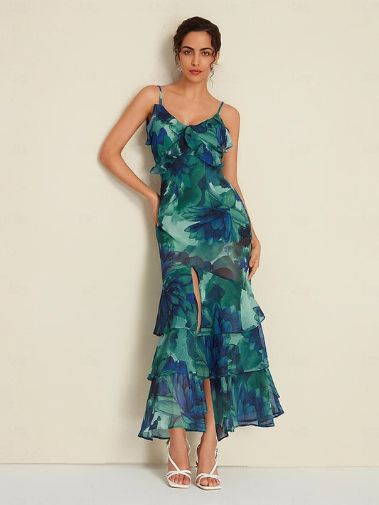 Chiffon Wedding Guest Floral Ruffle Split Ends Sleeveless Maxi