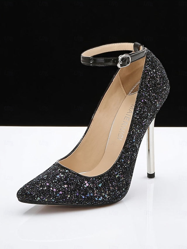– Gold Pointed Women's Heels Sparkly Glitter Toe Stiletto