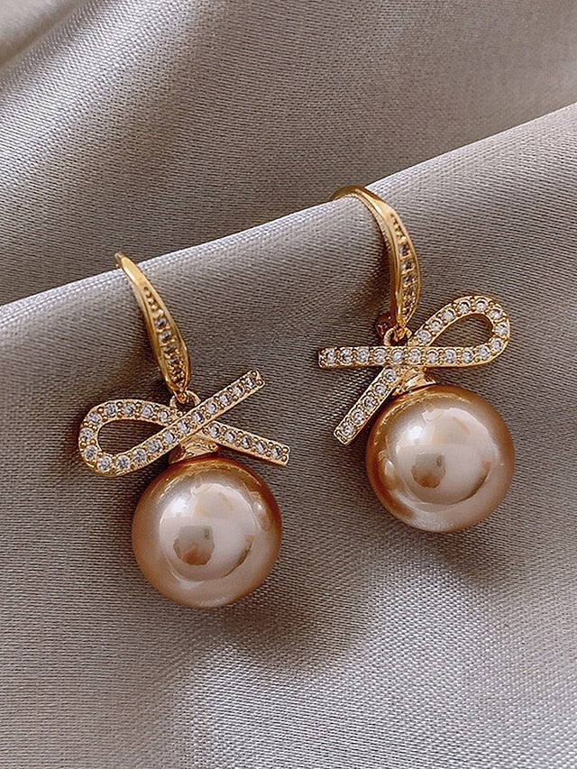 Bow Earrings Christmas Rhinestone with Pearl Women's and