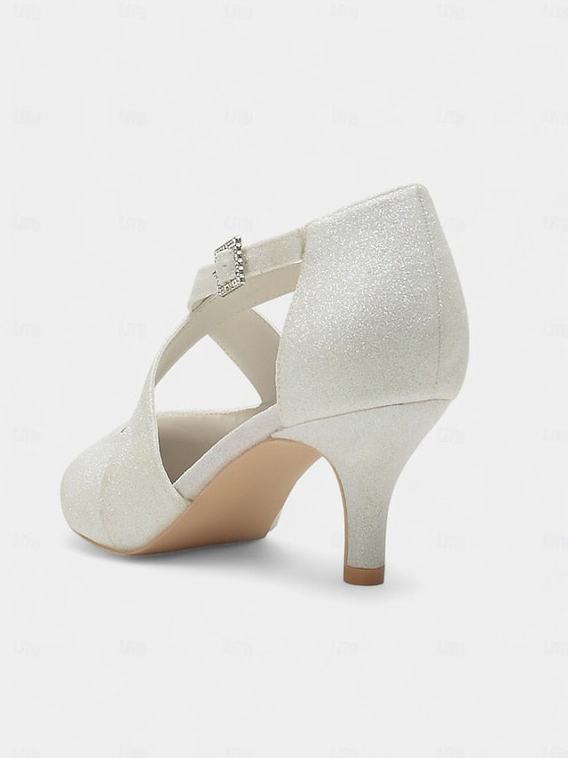 Strap Heels White Kitten Cross Buckle Glitter Rhinestone with