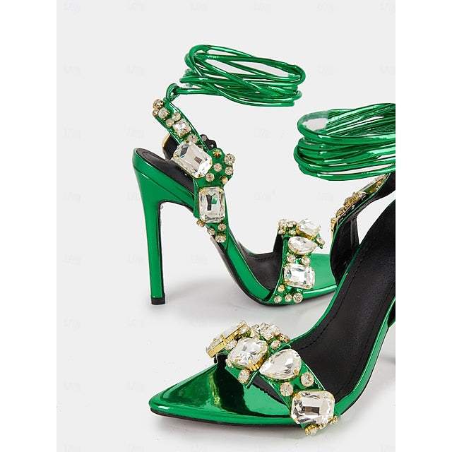 Lace-Up Metallic Stiletto Heels with Green Women's