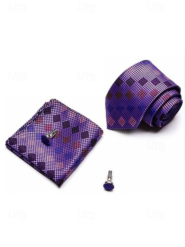 Pocket – Purple and Checkered Set Tie Square Silk Men's