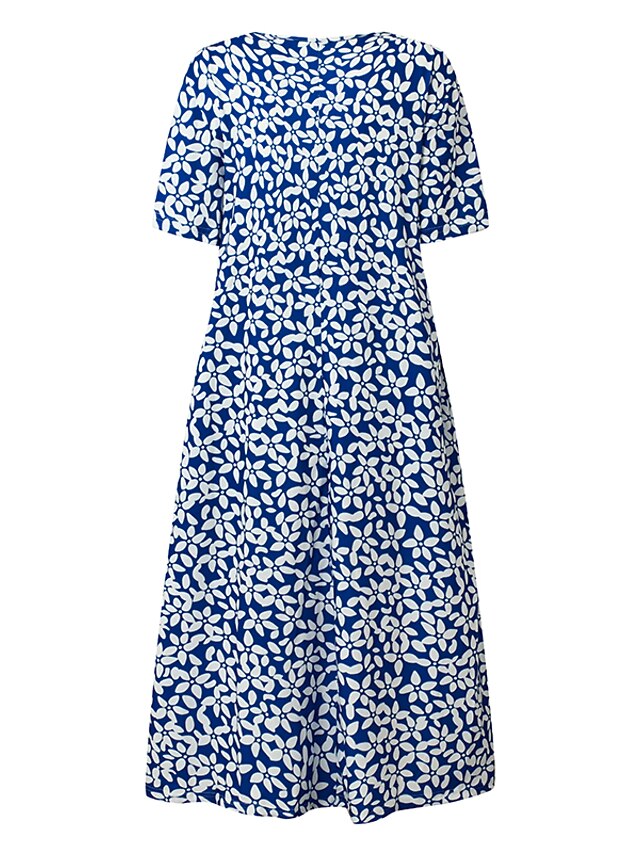 Women's Casual Dress Midi Dress Blue Short Sleeve Floral