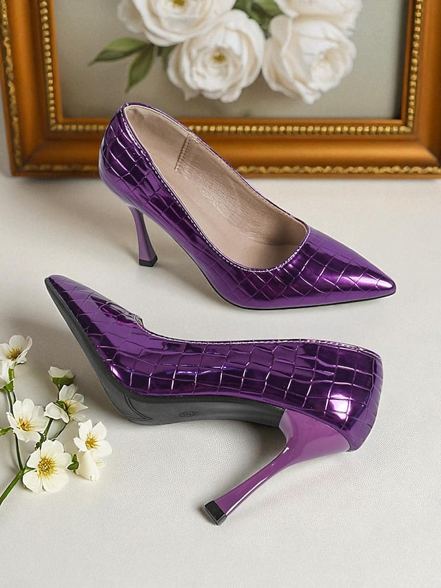 Pointed Silver Heels PU Leather Women's Toe Patent