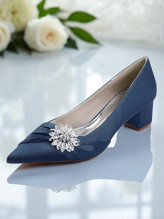 Women's Pumps with White Crystal Block Heel Low